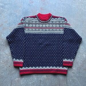 VTG 90s Lands End Mens Fair Isle Wool Sweater Mock Neck Navy Red White Size M